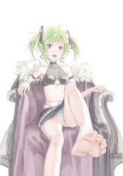 Rule 34 | 1girl, artist request, bare shoulders, barefoot, breasts, cleavage, delutaya, feet, foot up, green hair, highres, indie virtual youtuber, long hair, looking at viewer, midriff, navel, open mouth, panties, pantyshot, red eyes, simple background, sitting, small breasts, soles, solo, source request, toes, twintails, underwear, virtual youtuber, white background, white panties