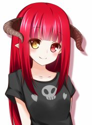 Rule 34 | 1girl, blush, collarbone, demon girl, heart, heterochromia, horns, lethe-shion, long hair, looking at viewer, pointy ears, red eyes, red hair, simple background, smile, solo, white background, yellow eyes