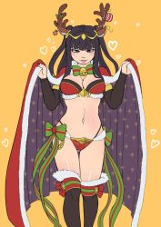 Rule 34 | 1girl, bikini, black hair, black thighhighs, boots, breasts, christmas, fire emblem, fire emblem awakening, fire emblem heroes, highres, long hair, looking at viewer, navel, nintendo, samanator club, santa costume, simple background, smile, solo, swimsuit, tharja (fire emblem), tharja (winter) (fire emblem), thighhighs, thighhighs under boots, two side up