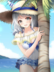 Rule 34 | 1girl, animal ears, blush, breasts, cleavage, collarbone, commentary request, grey hair, hair ornament, hat, highres, hishi miracle (umamusume), horse ears, horse girl, kumakotoy, looking at viewer, medium breasts, medium hair, ocean, open mouth, palm tree, sky, solo, straw hat, swimsuit, tree, umamusume