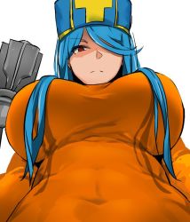 Rule 34 | 1girl, aqua hair, bakkanki, bodysuit, breasts, closed mouth, dragon quest, dragon quest iii, hat, huge breasts, long hair, looking at viewer, mitre, orange bodysuit, priest (dq3), red eyes, simple background, skin tight, solo, staff, tabard, weapon, white background