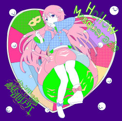 Rule 34 | 1girl, album cover, blue bow, blue shirt, blue sleeves, boots, bow, buttons, circle name, clothing cutout, collared shirt, colorful, cover, english text, finger to mouth, flat color, footwear bow, full body, girls logic observatory, green shirt, green skirt, green sleeves, hata no kokoro, heart, heart background, highres, holding, holding mask, long hair, long sleeves, mask, masquerade mask, midriff, miniskirt, navel, orange bow, orange skirt, panties, pantyshot, pink eyes, pink hair, plaid, plaid shirt, plaid sleeves, polka dot, polka dot sleeves, pumpkin skirt, purple background, shirt, shushing, sidelocks, skirt, solo, star button, touhou, triangle button, two-sided fabric, two-sided shirt, two-sided skirt, two-sided sleeves, underwear, very long hair, white footwear, white panties, witoi (roa), yellow mask