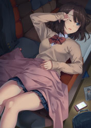 Rule 34 | 1girl, bag, bow, bowtie, brown eyes, brown hair, brown sweater, buttoned cuffs, buttons, cellphone, collared shirt, commentary, crying, crying with eyes open, diagonal-striped bow, diagonal-striped bowtie, diagonal-striped clothes, dress shirt, highres, indoors, jacket, lying, miniskirt, on back, one eye closed, open mouth, original, phone, pleated skirt, red bow, red bowtie, shirt, short hair, skirt, smartphone, solo, striped bow, striped bowtie, striped clothes, sweater, tears, tears from one eye, thighs, unasaka ryou, unworn bag, unworn jacket, white shirt