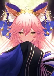 Rule 34 | 1girl, :3, animal ear fluff, animal ears, artist request, bell, blue bow, blue kimono, bow, fate/grand order, fate (series), fox ears, fox girl, fox tail, full moon, highres, japanese clothes, kimono, kitsune, long hair, looking at viewer, moon, multiple tails, night, night sky, off shoulder, official alternate costume, pink hair, portrait, sky, solo, star (sky), starry sky, tail, tamamo (fate), tamamo no mae (fate/extra), tamamo no mae (third ascension) (fate), very long hair, yellow eyes