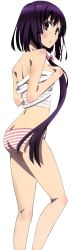 Rule 34 | 10s, 1girl, ass, breasts, brown hair, extraction, from behind, highres, long hair, looking at viewer, panties, purple hair, sarashi, sideboob, small breasts, solo, striped clothes, striped panties, tokyo ravens, transparent background, tsuchimikado natsume, underwear