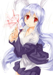 Rule 34 | 1girl, animal ears, rabbit ears, dress shirt, female focus, finger gun, glint, jacket, long hair, off shoulder, open clothes, open jacket, pino (birthdayparty), pleated skirt, purple hair, red eyes, reisen udongein inaba, shirt, silver hair, skirt, smile, solo, touhou, very long hair