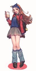Rule 34 | 1girl, alternate costume, brown eyes, brown hair, bubble tea, full body, gensou suikoden, gensou suikoden ii, hairband, highres, long hair, looking at viewer, millie (suikoden), open mouth, sakai (motomei), simple background, skirt, smile, solo, white background