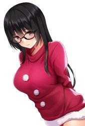 Rule 34 | 1girl, absurdres, arms behind back, bikini, black-framed eyewear, black hair, blush, breasts, brown eyes, closed mouth, collarbone, fur-trimmed sweater, fur trim, glasses, hat, highres, huyumitsu, long hair, looking at viewer, medium breasts, original, pom pom (clothes), red bikini, red sweater, simple background, solo, standing, straight hair, sweater, swimsuit, white background