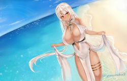 Rule 34 | 1girl, azur lane, bare shoulders, body markings, breasts, center opening, cocktail dress, dress, evening gown, facial mark, forehead mark, halter dress, halterneck, hanging light, highres, huge breasts, long hair, looking at viewer, massachusetts (azur lane), massachusetts (dressed to impress) (azur lane), native american, no panties, paundo2, red eyes, sleeveless, sleeveless dress, solo, thighlet, water, white hair