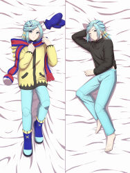 Rule 34 | 1boy, absurdres, arice487, barefoot, bed sheet, blue footwear, blue scarf, boots, closed mouth, commentary request, creatures (company), dakimakura (medium), eyelashes, from above, game freak, grusha (pokemon), hands up, highres, jacket, long sleeves, looking at viewer, lying, male focus, nintendo, on back, one eye closed, pants, pokemon, pokemon sv, scarf, shirt, striped clothes, striped scarf, toes, unworn mittens, yellow jacket