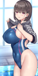 Rule 34 | 1girl, absurdres, backlighting, black hair, blue one-piece swimsuit, breasts, clothes lift, competition swimsuit, covered navel, ear piercing, from side, grey sweater, hair ornament, hairclip, highleg, highleg swimsuit, highres, large breasts, long sleeves, looking at viewer, looking to the side, mizunashi kenichi, one-piece swimsuit, original, piercing, pool, purple eyes, short hair, solo, sweater, sweater lift, swimsuit, swimsuit under clothes, thighs