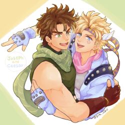 Rule 34 | 2boys, :d, battle tendency, blonde hair, blue eyes, brown hair, caesar anthonio zeppeli, character name, commentary request, crop top, facial mark, feather hair ornament, feathers, fingerless gloves, fingernails, gloves, green eyes, grm jogio, hair ornament, highres, hug, jojo no kimyou na bouken, joseph joestar, joseph joestar (young), looking at viewer, male focus, multiple boys, open mouth, scarf, short hair, smile, striped clothes, striped scarf, toned, triangle print