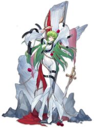 Rule 34 | 1girl, artist request, bodysuit, breasts, c.c., chain, chained wrists, code geass, column, flower, full body, green hair, high heels, highres, looking at viewer, mahjong soul, marble (stone), medium breasts, official art, pillar, red flower, rock, solo, standing, sword, tachi-e, transparent background, weapon, white bodysuit, white footwear, wide sleeves, yellow eyes