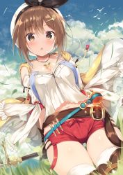 Rule 34 | 1girl, :o, arms behind back, atelier (series), atelier ryza, atelier ryza 1, bare shoulders, belt, belt buckle, beret, black ribbon, blue sky, blue vest, blush, breasts, brown belt, brown eyes, brown gloves, brown hair, buckle, chestnut mouth, clothing cutout, cloud, cloudy sky, collarbone, commentary request, day, drawstring, dutch angle, flask, gloves, grass, hair between eyes, hair ornament, hairclip, hat, highres, jacket, jewelry, leather, leather belt, leather gloves, long sleeves, navel, necklace, open clothes, open jacket, outdoors, parted lips, puffy long sleeves, puffy sleeves, red shorts, reisalin stout, ribbon, round-bottom flask, shiny skin, shirt, short shorts, shorts, shoulder cutout, single glove, sky, sleeveless, sleeveless jacket, solo, thighhighs, thighs, tomoo (tomo), vest, vial, white hat, white shirt, white thighhighs, wind, yellow jacket