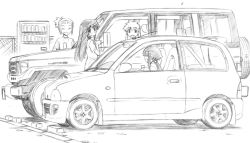 Rule 34 | 4girls, antenna, bumper car, car, chair, character request, closed eyes, door, driving, eyebrows, eyelashes, greyscale, hair between eyes, happy, in vehicle, long hair, looking at another, looking to the side, low twintails, monochrome, motor vehicle, multiple girls, nakajima rei, open mouth, outdoors, parking lot, ponytail, rear-view mirror, shadow, shirt, short sleeves, sketch, smile, spiked hair, sports utility vehicle, subaru (brand), subaru vivio, toyota, toyota land cruiser, twintails, vehicle, vending machine, wheel, window