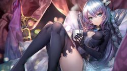Rule 34 | 10s, 1girl, artist request, bed, black thighhighs, breasts, unworn cape, chain chronicle, cup, end card, gem, grey eyes, highres, holding, holding cup, katya (chain chronicle), long hair, lying, non-web source, pillow, sheath, sheathed, silver hair, skirt, small breasts, solo, sword, thighhighs, weapon, zettai ryouiki