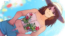 Rule 34 | bare shoulders, blue shorts, breasts, brown eyes, brown hair, dated, dutch angle, floral print, girls und panzer, hat, highres, looking at viewer, medium breasts, messy hair, midriff, murakami (girls und panzer), navel, shinmai (kyata), shorts, signature, smile, solo, straw hat, tank top