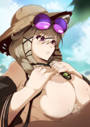 Rule 34 | 1boy, 1girl, absurdres, arknights, bikini, bikini top lift, breasts, breasts out, brown hair, censored, clothes lift, cum, hair between eyes, hair ornament, hairclip, hat, hetero, highres, jewelry, large breasts, long hair, mosaic censoring, necklace, nipples, orphen (pink seito), outdoors, paid reward available, paizuri, purple-tinted eyewear, purple eyes, solo focus, straw hat, sun hat, swimsuit, tinted eyewear, utage (arknights)