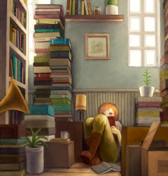 Rule 34 | 1girl, aircraft, airplane, bad id, bad pixiv id, book, book stack, bookshelf, boots, box, brown eyes, cup, indoors, lamp, mikihisa415, open book, orange hair, original, plant, reading, room, short hair, sitting, solo, teacup, window