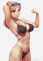 Rule 34 | 1girl, abs, arm up, armpits, artist name, bikini, breasts, brown eyes, brown hair, commentary request, cowboy shot, eyewear on head, fanbox username, flexing, highres, jewelry, kisara (tales), large breasts, looking at viewer, navel, necklace, patreon username, ponytail, putcher, simple background, smile, solo, sunglasses, swimsuit, tales of (series), tales of arise, watermark