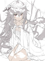 Rule 34 | 1girl, branch, closed mouth, commentary request, dress, grey hair, hair between eyes, highres, horns, long hair, looking at viewer, original, purple eyes, seiza, sitting, sketch, smile, solo, tail, very long hair, white background, white dress, yuuji (yukimimi)