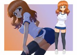 Rule 34 | 1girl, :o, absurdres, adjusting clothes, adjusting legwear, arms behind back, bad id, bad twitter id, black thighhighs, blue shorts, blunt bangs, blush, breasts, closed mouth, commentary request, daxz240r, girls und panzer, gradient background, gym shorts, highres, leaning forward, leaning to the side, light frown, loafers, long hair, looking at viewer, medium breasts, multiple views, open mouth, orange eyes, orange hair, outside border, shirt, shoes, short shorts, short sleeves, shorts, single vertical stripe, skindentation, smile, standing, t-shirt, takebe saori, thighhighs, thighs, white footwear, white shirt