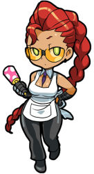 Rule 34 | 1girl, apron, artist request, braid, capcom, chibi, crimson viper, fauxhawk, green eyes, looking at viewer, pompadour, ponytail, red hair, solo, street fighter, sunglasses