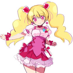 Rule 34 | 1girl, blonde hair, blush, choker, closed mouth, cowboy shot, cure peach, dress, earrings, fresh precure!, hair between eyes, hair ornament, head tilt, heart, heart earrings, heart hair ornament, jewelry, kurasuke, long hair, looking at viewer, momozono love, outstretched arm, pink dress, pink eyes, precure, puffy short sleeves, puffy sleeves, red choker, short sleeves, simple background, smile, solo, twintails, very long hair, white background, wrist cuffs