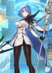 Rule 34 | 1girl, ankle boots, blue eyes, blue hair, boots, breasts, cape, commentary request, cuboon, dress, dual wielding, evertale, feather trim, feathers, gloves, gold trim, hair ornament, heterochromia, high heel boots, high heels, highres, holding, holding weapon, long sleeves, looking at viewer, medium breasts, odin (evertale), official art, pale skin, pantyhose, parted lips, polearm, short dress, short hair, simple background, weapon, yellow eyes