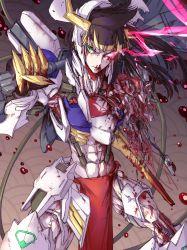 Rule 34 | 1boy, 8823, abs, black hair, blood, blood on face, floating hair, glowing, glowing eye, green eyes, gundam, gundam barbatos, gundam barbatos lupus rex, gundam tekketsu no orphans, guro, heterochromia, highres, holding, holding weapon, long hair, looking to the side, male focus, mecha danshi, missing limb, over shoulder, personification, piston, red eyes, science fiction, solo, v-fin, weapon, weapon over shoulder