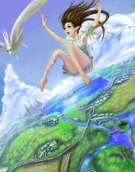 Rule 34 | 1girl, bandages, bare legs, barefoot, bird, brown hair, cherokee (1021tonii), cloud, day, green eyes, highres, long hair, open mouth, original, pointy ears, sky, solo