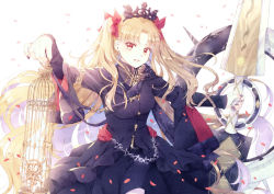Rule 34 | 1girl, black dress, blonde hair, bow, breasts, cage, chain, commentary request, dress, earrings, ereshkigal (fate), ereshkigal (third ascension) (fate), fate/grand order, fate (series), fingernails, floating hair, glint, hair bow, holding, holding weapon, jewelry, light rays, long hair, long sleeves, looking at viewer, meslamtaea (weapon), nail polish, open mouth, outstretched arms, parted bangs, petals, red bow, red eyes, scarf, skull, smile, solo, spread arms, tiara, two side up, very long hair, weapon, white background, yue natsuki