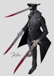 Rule 34 | 1boy, absurdres, belt, black belt, black coat, black footwear, black pants, black shirt, blood, bloody weapon, chainsaw man, coat, collared shirt, commentary, full body, hat, highres, holding, holding weapon, katana, katana man (chainsaw man), khrnnfz, long coat, long sleeves, male focus, military hat, pants, shirt, shirt tucked in, simple background, solo, standing, sword, teeth, weapon, white background
