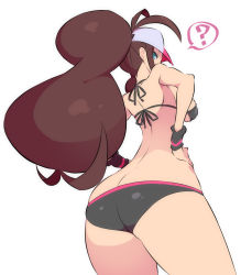 Rule 34 | 1girl, ?, ahoge, aqua eyes, ass, back, baseball cap, bikini, black bikini, breasts, brown hair, butt crack, commentary request, creatures (company), curly hair, from behind, from below, game freak, hand on own hip, hat, high ponytail, highres, hilda (pokemon), long hair, looking at viewer, medium breasts, nac000, nintendo, pokemon, pokemon bw, shoulder blades, sideboob, simple background, solo, spoken question mark, standing, swimsuit, thighs, white background, wristband