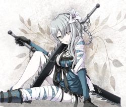Rule 34 | 1girl, bandages, braid, breasts, cleavage, colored skin, easter lily, flower, hair flower, hair ornament, kaine (nier), lily (flower), long hair, looking at viewer, nier, nier (series), parted lips, resized, revision, silver hair, single braid, sitting, solo, sword, tk8d32, weapon, white skin