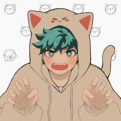Rule 34 | 1boy, :3, animal ears, animal hood, blush, boku no hero academia, bright pupils, brown hoodie, cat, cat ears, cat hood, cat tail, claw pose, commentary request, drawstring, fake animal ears, fangs, freckles, gaagyeo, green eyes, green hair, highres, hood, hood up, hoodie, korean commentary, long sleeves, looking at viewer, male focus, midoriya izuku, open mouth, sheep, short hair, simple background, solo, tail, upper body, white background, white pupils