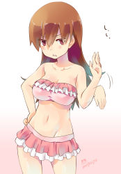 Rule 34 | 10s, 1girl, breasts, brown hair, collarbone, groin, hand on own hip, highres, imu sanjo, kantai collection, long hair, looking at viewer, midriff, navel, ooi (kancolle), red eyes, shooing, solo, stomach, swimsuit, translated
