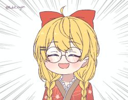 Rule 34 | 1girl, :d, ahoge, blonde hair, blush, bow, braid, closed eyes, emphasis lines, facing viewer, fang, glasses, hair bow, hair ornament, hairclip, hololive, japanese clothes, kimono, kukie-nyan, open mouth, red bow, red kimono, round eyewear, simple background, skin fang, smile, solo, twin braids, twitter username, upper body, virtual youtuber, yozora mel, yozora mel (new year)