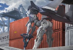Rule 34 | 1girl, ace combat, ace combat 7: skies unknown, android, ass, bent over, blue sky, cloud, cloudy sky, commentary request, container, day, drone, feet out of frame, from behind, highres, looking at viewer, mecha musume, mq-99, outdoors, personification, red eyes, short hair, sky, solo, tom-neko (zamudo akiyuki), unmanned aerial vehicle, unmanned combat aerial vehicle, weapon