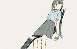 Rule 34 | 1girl, bare legs, blue shirt, blush, collared shirt, commentary request, closed eyes, feet out of frame, fork, grey background, grey hair, grey skirt, highres, long hair, original, oversized object, parted lips, pleated skirt, shiki haru, shirt, shirt tucked in, short sleeves, simple background, sitting, skirt, sleeping, solo, twintails