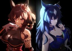 Rule 34 | 1girl, :d, animal ears, bare arms, bare shoulders, black hair, black sleeves, blue dress, blush, bodystocking, braided hair rings, breasts, brown hair, cleavage, collarbone, commentary, commentary request, dark background, detached sleeves, dress, ear covers, ear ornament, gentildonna (umamusume), gloves, hair between eyes, hand up, heart ear ornament, highres, horse ears, horse girl, large breasts, long hair, looking at viewer, mole, mole under eye, open mouth, pink eyes, purple eyes, red dress, see-through, see-through cleavage, sidelocks, simple background, single ear cover, sleeveless, sleeveless dress, smile, solo, standing, strapless, strapless dress, sunny (20597521), umamusume, upper body, verxina (umamusume), very long hair, white gloves, wrist cuffs