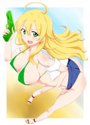 Rule 34 | 1girl, absurdres, ahoge, ass, bare shoulders, bikini, bikini top only, blonde hair, breasts, covered erect nipples, female focus, green bikini, green eyes, highres, hoshii miki, idolmaster, idolmaster (classic), large breasts, leaning forward, long hair, open clothes, open mouth, open shirt, sandals, shirt, shorts, solo, standing, swimsuit, tung, water gun