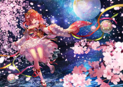 Rule 34 | 1girl, cherry blossoms, dress, female focus, flower, hair flower, hair ornament, highres, moon, night, original, red eyes, red hair, sandals, sky, smile, solo, star (sky), terai, tree, twintails, water