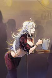 Rule 34 | 1girl, arched back, blue eyes, bracelet, breasts, cleavage, cropped jacket, crowd, cup, from side, grey hair, hand up, highres, hip focus, holding, holding cup, imoko (imonatsuki), jacket, jewelry, judith (unlight), long hair, medium breasts, midriff, mug, navel, open clothes, open jacket, pants, parted lips, sleeves rolled up, smile, solo, unlight
