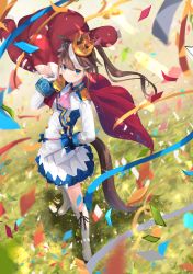 Rule 34 | 1girl, absurdres, animal ears, ascot, asymmetrical gloves, black gloves, blue eyes, blue shirt, blue skirt, boots, brown hair, confetti, crown, epaulettes, force (fossan 01), full body, gloves, gold trim, grass, hand on own hip, hand up, highres, holding, holding clothes, holding jacket, horse ears, horse girl, horse tail, huge filesize, jacket, unworn jacket, knee boots, light blush, long hair, long sleeves, looking at viewer, mismatched gloves, multicolored hair, outdoors, pink ascot, pleated skirt, red jacket, shirt, skirt, smile, solo, standing, streaked hair, tail, tokai teio (umamusume), two-tone hair, two-tone shirt, two-tone skirt, umamusume, uniform, white footwear, white gloves, white hair, white shirt, white skirt