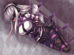 Rule 34 | 1girl, ak-12 (girls&#039; frontline), arms behind back, bad id, bad pixiv id, ball gag, bdsm, blindfold, blush, bondage, bondage mittens, bound, bound arms, bound feet, bound fingers, bound legs, bound wrists, breasts, collar, crotch rope, earmuffs, frogtie, gag, gagged, girls&#039; frontline, helpless, highres, hogtie, kagyakusetsu, patterned background, rope, sensory deprivation, shibari, suspension, tight clothes, white hair