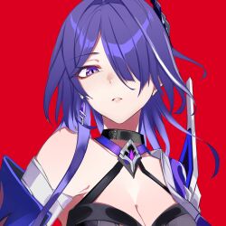 Rule 34 | 1girl, absurdres, acheron (honkai: star rail), black choker, breasts, choker, cleavage, commentary request, hair over one eye, halterneck, highres, honkai: star rail, honkai (series), large breasts, long hair, looking at viewer, parted lips, purple eyes, purple hair, red background, sas (ls08b), simple background, single bare shoulder, solo, upper body