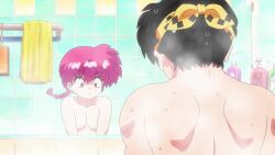 1boy 1girl animated anime_screenshot ass back bandana bath bathroom bathtub biting biting_shoulder black_hair braid braided_ponytail breasts butt_crack closed_eyes collarbone completely_nude feet genderswap genderswap_(mtf) grabbing_another&#039;s_hair hibiki_ryouga highres medium_breasts navel nude open_mouth panda pig pink_eyes pink_hair pointing pointing_at_another pointing_at_self ranma-chan ranma_1/2 saotome_alto saotome_ranma short_ponytail sitting sound stomach tagme thighs video wariza water