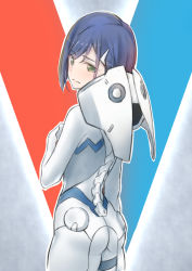 Rule 34 | 1girl, ass, blue background, blue hair, bob cut, bodysuit, closed mouth, commentary, cowboy shot, darling in the franxx, from behind, green eyes, hair ornament, hairclip, hand on own chest, ichigo (darling in the franxx), light blush, looking at viewer, looking back, pilot suit, red background, renzu (lens 02), short hair, skin tight, solo, standing, swept bangs, wavy mouth, white background, white bodysuit, worried