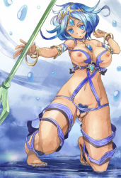 Rule 34 | 1girl, armlet, bad id, bad pixiv id, blue eyes, bracelet, breastless clothes, breasts, censored, colored pubic hair, crotchless, female focus, female pubic hair, headdress, heart, heart-shaped pubic hair, jewelry, large breasts, looking at viewer, nail polish, navel, nipples, nude, pubic hair, pussy, puzzle &amp; dragons, revealing clothes, sarasvati (p&amp;d), shaped pubic hair, short hair, solo, staff, toenail polish, toenails, yohane